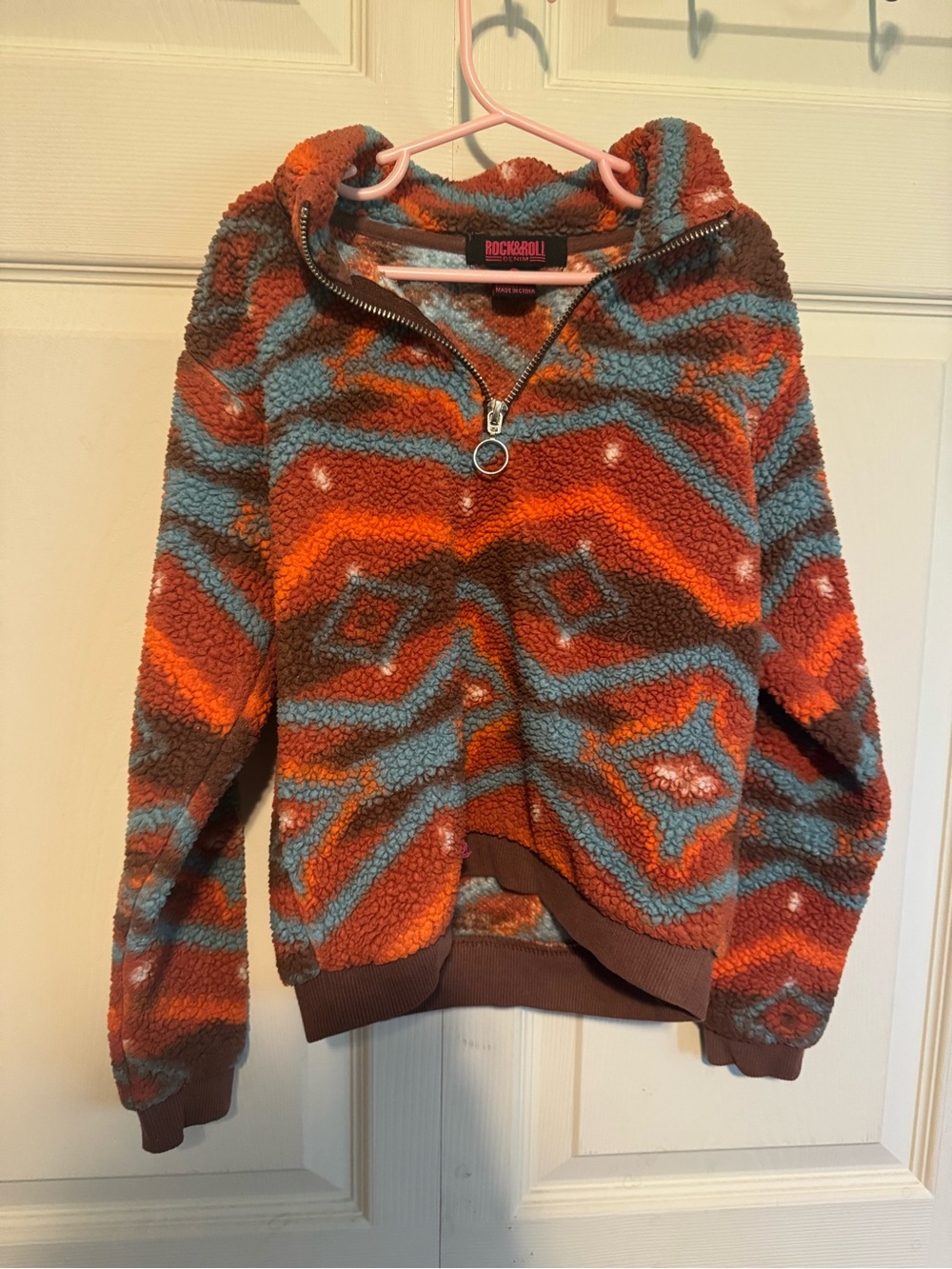 Rock & Roll Cowgirl Orange, Blue & Brown Sherpa Half-Zip Hoodie